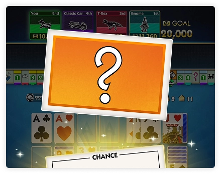 Een "Vrij uit de gevangenis"-kaart van Monopoly is te zien, met daarboven een kleinere oranje kaart met een vraagteken. De scène heeft een speelse en fantasierijke uitstraling.