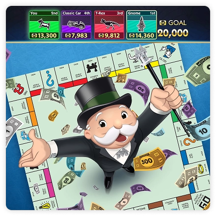 Illustratie van de Monopoly-mascotte die vrolijk geld op het speelbord gooit. De tekst "Own the Boardwalk" staat eronder in vetgedrukte letters.
