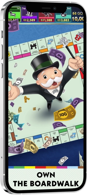 Illustratie van de Monopoly-mascotte die vrolijk geld op het speelbord gooit. De tekst "Own the Boardwalk" staat eronder in vetgedrukte letters.