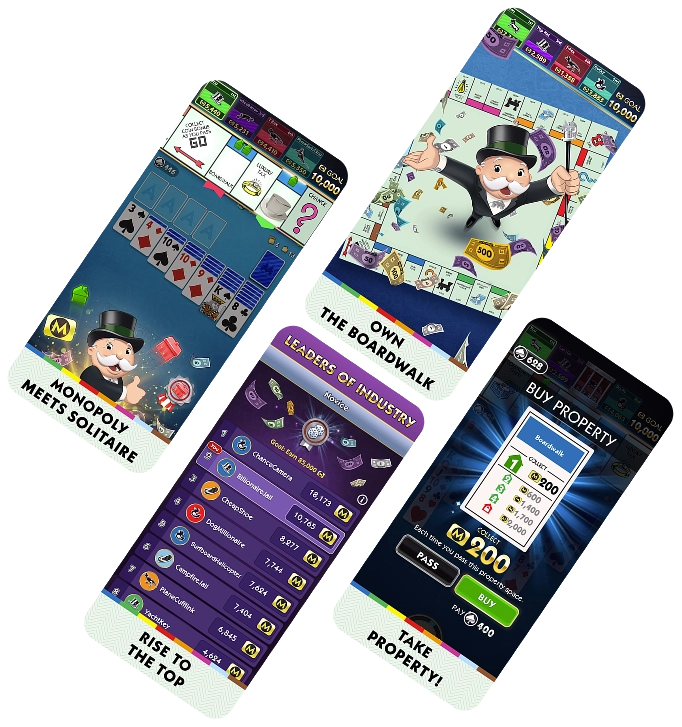 Afbeelding van vier spelschermpjes waarop een combinatie van Monopoly en Solitaire te zien is. Kenmerken zijn onder meer een Monopoly-personage, kaarten, een scorebord en de mogelijkheid om eigendommen te kopen. Het thema is strategisch en speels.