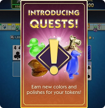 Aankondiging van nieuwe spelmissies met kleurrijke tokens: groen, bruin, blauw. Opgewonden toon. Tekst: "Verdien nieuwe kleuren en glans voor je tokens!"