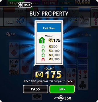 Spelscherm met een aanbod om het pand "Park Place" te kopen voor 175 munten. Je kunt kiezen om "Passen" of "Kopen". Helder en uitnodigend ontwerp.